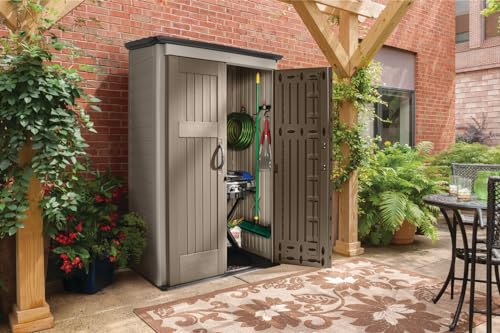 Rubbermaid Vertical Resin Outdoor Storage Shed, With Floor (4 x 2.5 Ft), Weather Resistant, Brown, Organization for Home/Backyard/Garden Tools/Porch/Patio Cushions/Pool Chemicals/Toys