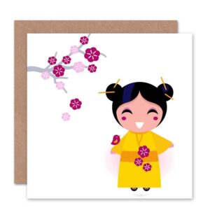 wee blue coo japanese geisha cherry blossom kimono blank greetings birthday card art