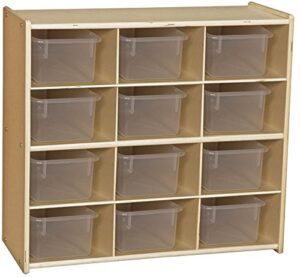 contender 12-cubby storage unit with clear tubs, 12 compartment storage organizer with daycare shelves for kids, hardwood cubby organizer for classroom, cube locker shelf for organizing toys