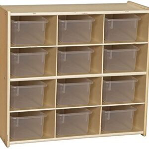 Contender 12-Cubby Storage Unit with Clear Tubs, 12 Compartment Storage Organizer with Daycare Shelves for Kids, Hardwood Cubby Organizer for Classroom, Cube Locker Shelf for Organizing Toys