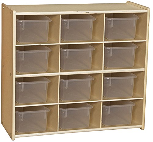 Contender 12-Cubby Storage Unit with Clear Tubs, 12 Compartment Storage Organizer with Daycare Shelves for Kids, Hardwood Cubby Organizer for Classroom, Cube Locker Shelf for Organizing Toys