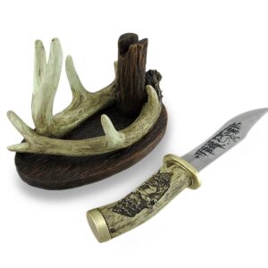 Carved Look Handle Decorative Deer Knife w/Antler Display Stand