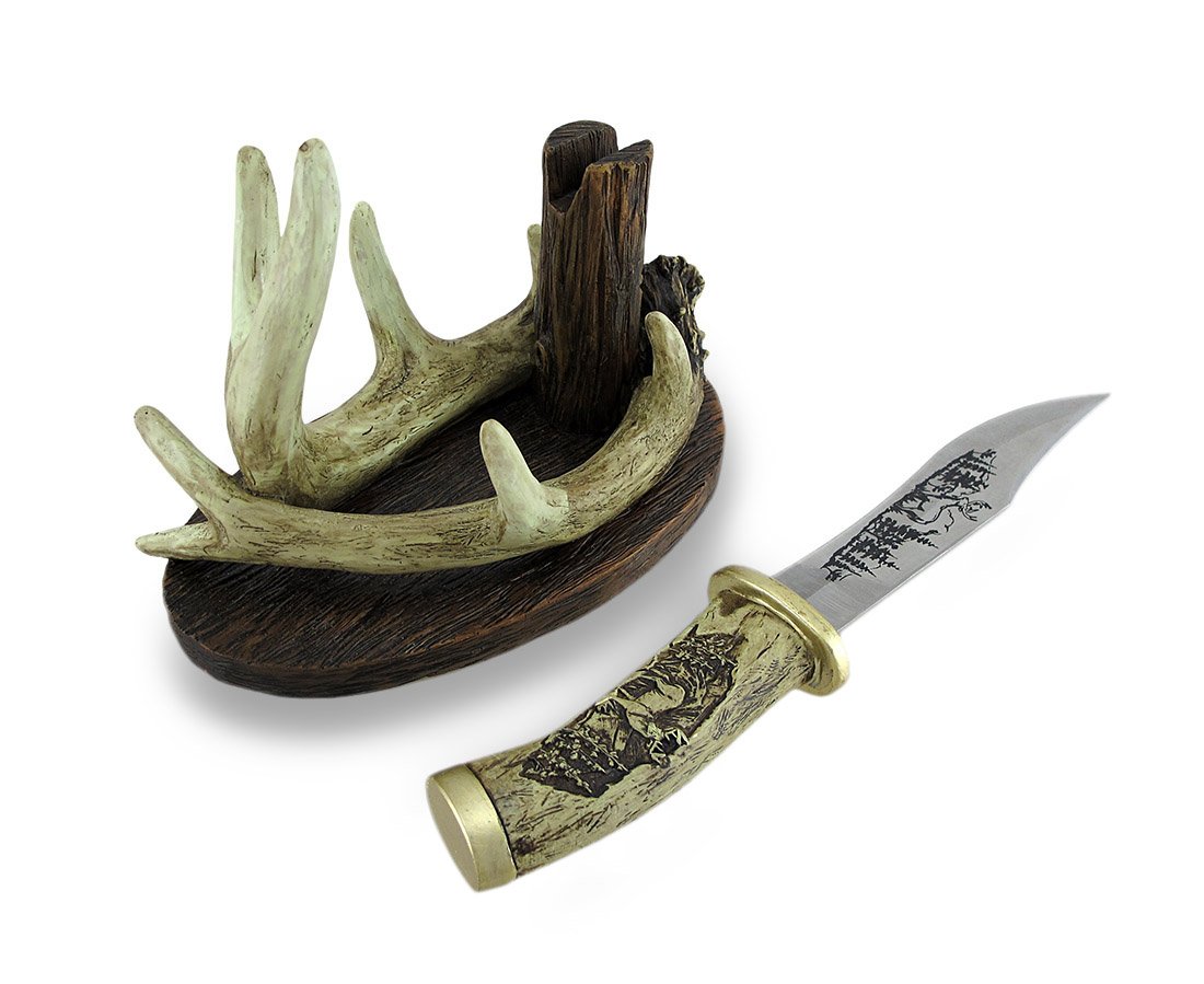 Carved Look Handle Decorative Deer Knife w/Antler Display Stand