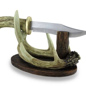 Carved Look Handle Decorative Deer Knife w/Antler Display Stand