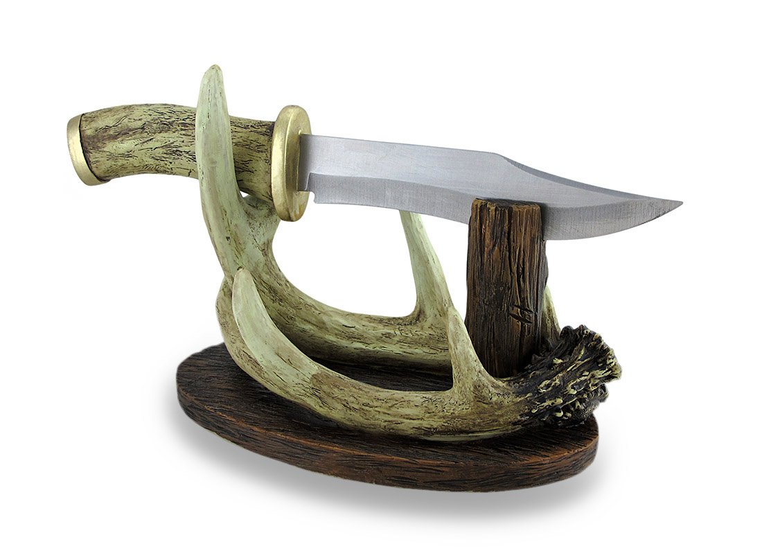 Carved Look Handle Decorative Deer Knife w/Antler Display Stand