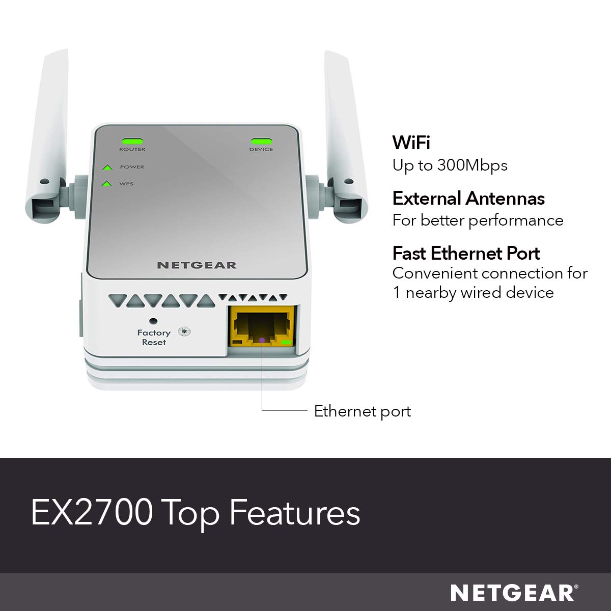 NETGEAR Wi-Fi Range Extender EX2700 - Coverage Up to 800 Sq Ft and 10 devices with N300 Wireless Signal Booster & Repeater (Up to 300Mbps Speed), and Compact Wall Plug Design