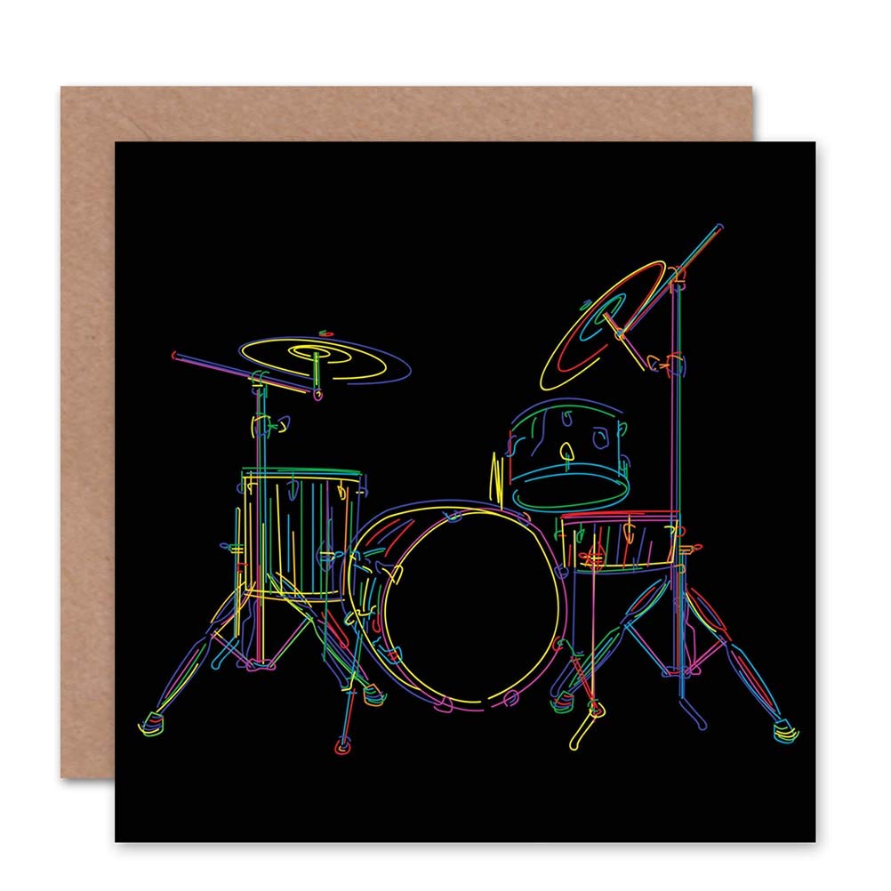 Wee Blue Coo DRUM SET MUSIC COLOURFUL ILLUSTRATION BLACK BLANK GREETINGS BIRTHDAY CARD