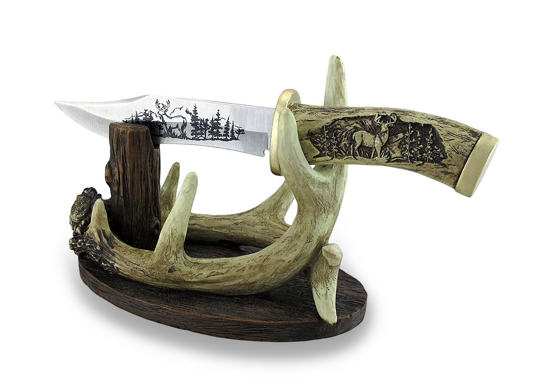 Carved Look Handle Decorative Deer Knife w/Antler Display Stand