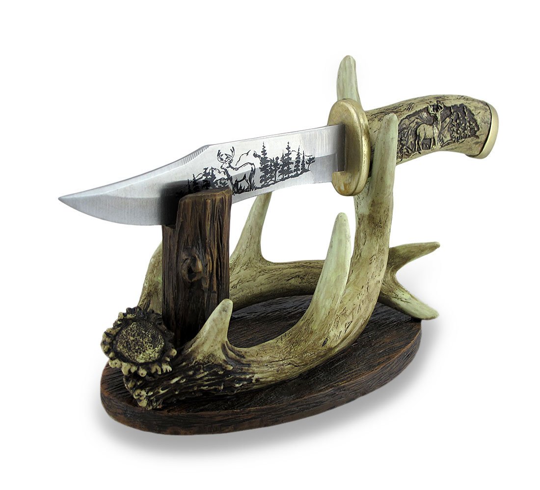 Carved Look Handle Decorative Deer Knife w/Antler Display Stand