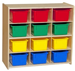 contender 12 compartment toy storage cabinet for kids, daycare shelves for organizing art and craft supplies, 100% plywood cubby shelving for classroom, assorted