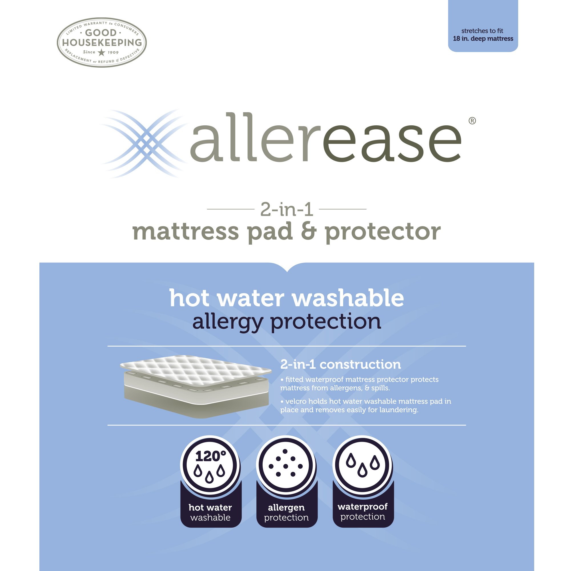 AllerEase 2-in-1 Hot Water Wash Mattress Pad with Removable Top, Twin XL