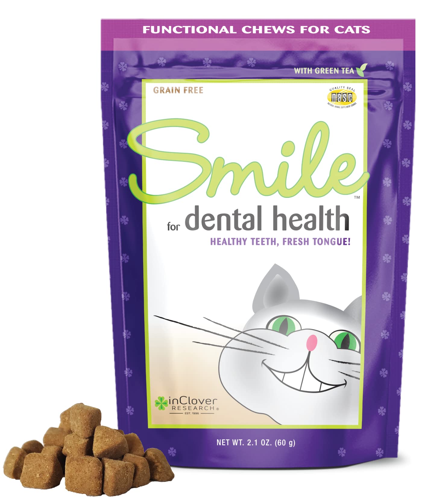 In Clover Smile Daily Dental Health Soft Chews for Cats, Support Healthy Teeth and Fresh Tongue with Catnip and Green Tea, Prebiotics, and Chlorophyll for Fresh Breath