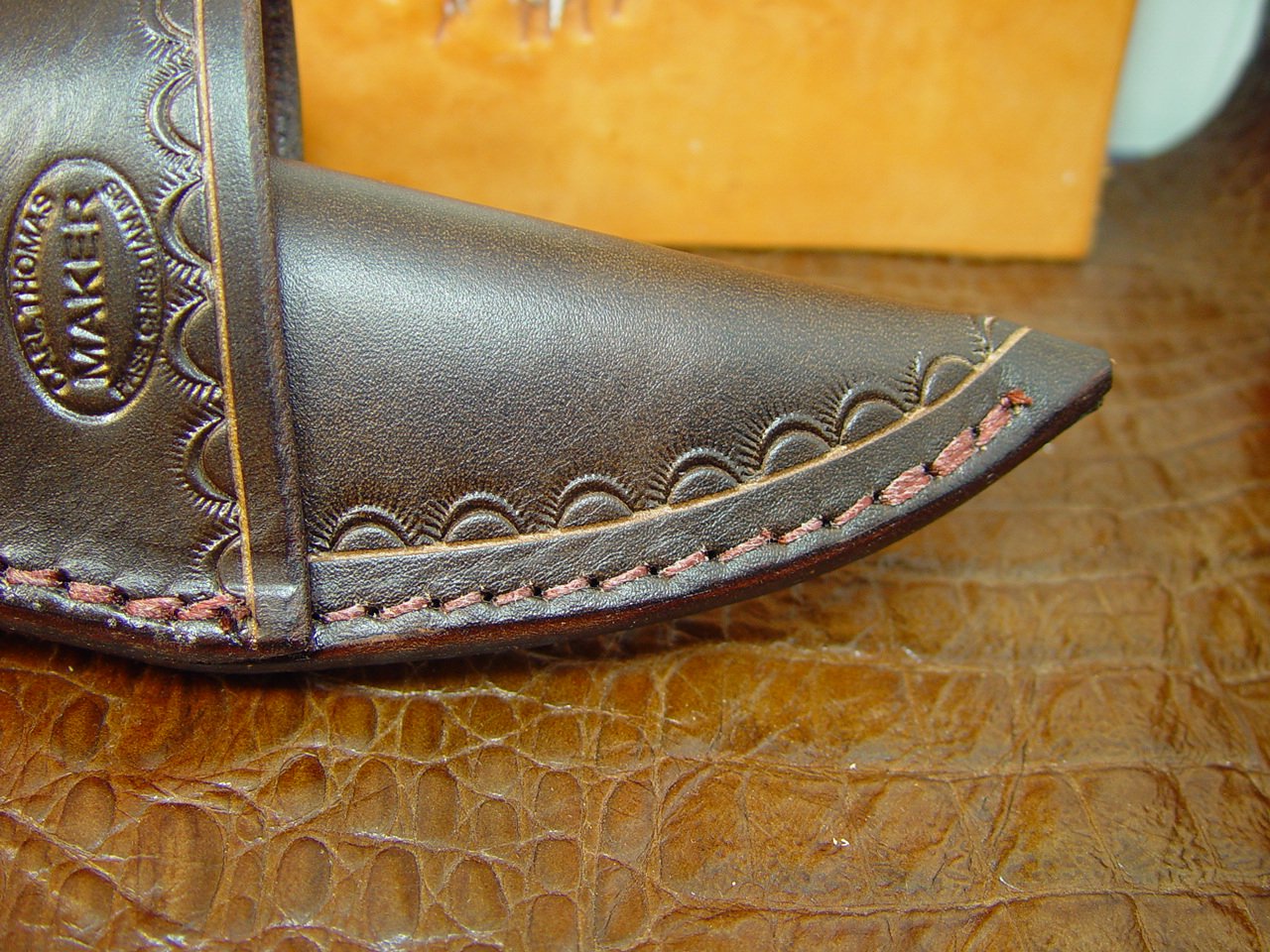 Custom Leather Knife Sheath for a Buck 692 Vanguard or Zipper. Tooled & Dyed Brown_AB