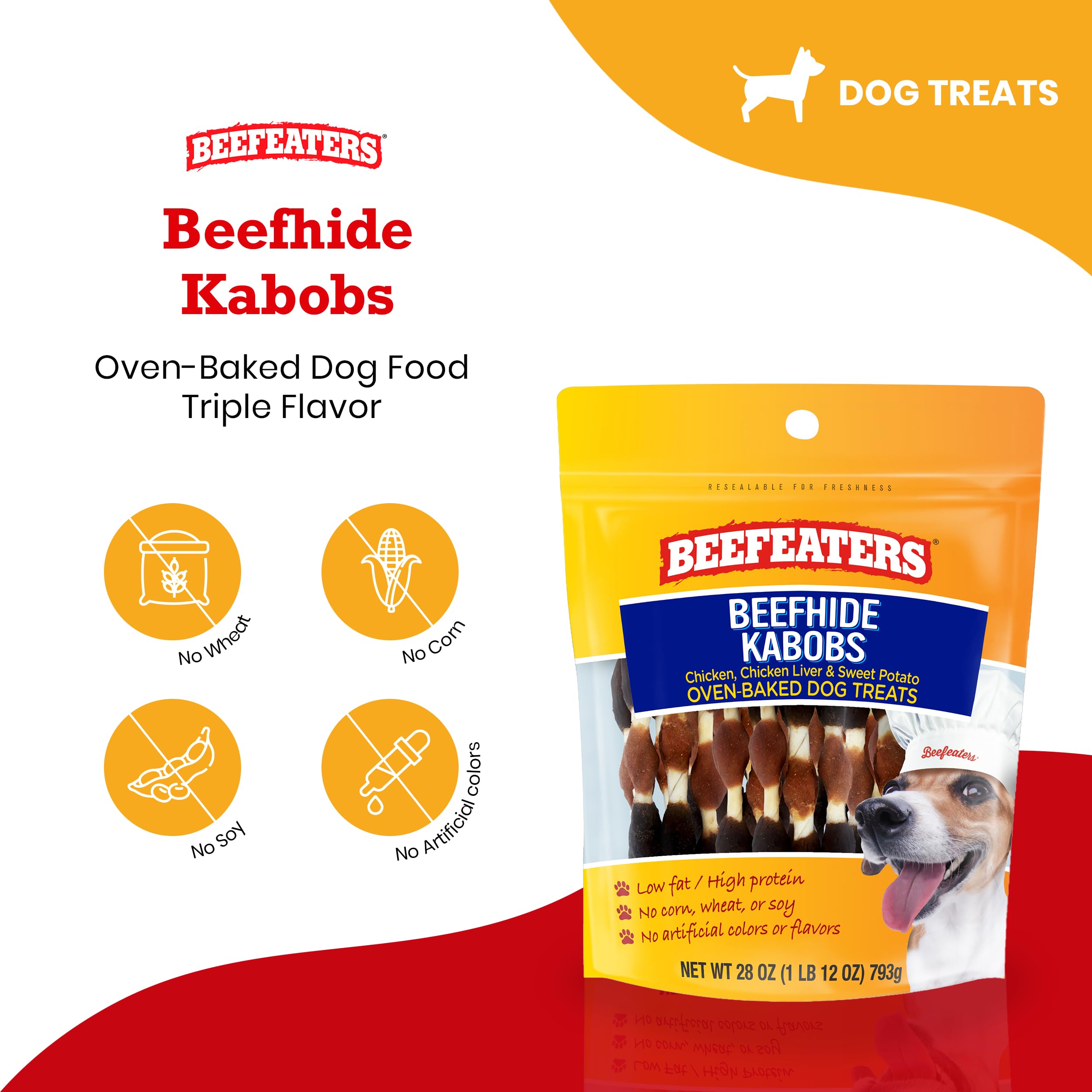 Beefeaters Dog Treats - Beefhide Kabobs 28oz Baked | Dog Food with Real Chicken, Liver & Sweet Potato | Long-Lasting Chew | Promotes Dental Health | Dog Training Treats for All Dog Sizes