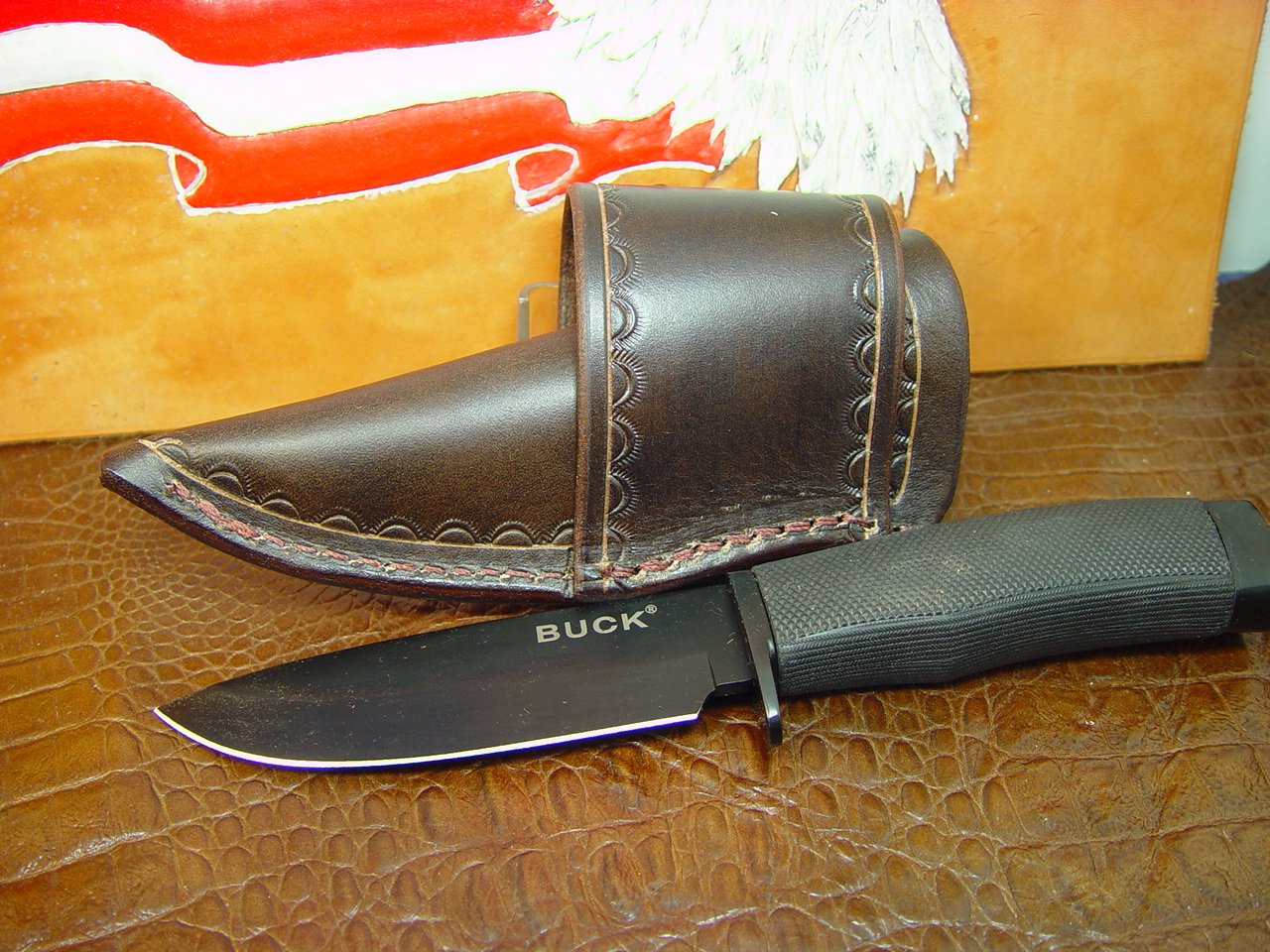 Custom Leather Knife Sheath for a Buck 692 Vanguard or Zipper. Tooled & Dyed Brown_AB