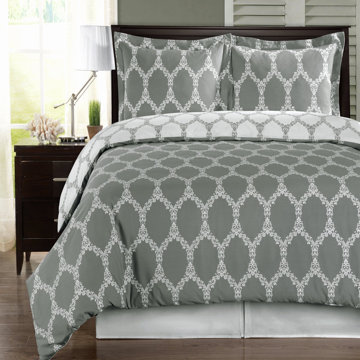 Gray and White Brooksfield 3-Piece King/Cal-King Comforter Cover (Duvet-Cover-Set) 100% Cotton 300 TC