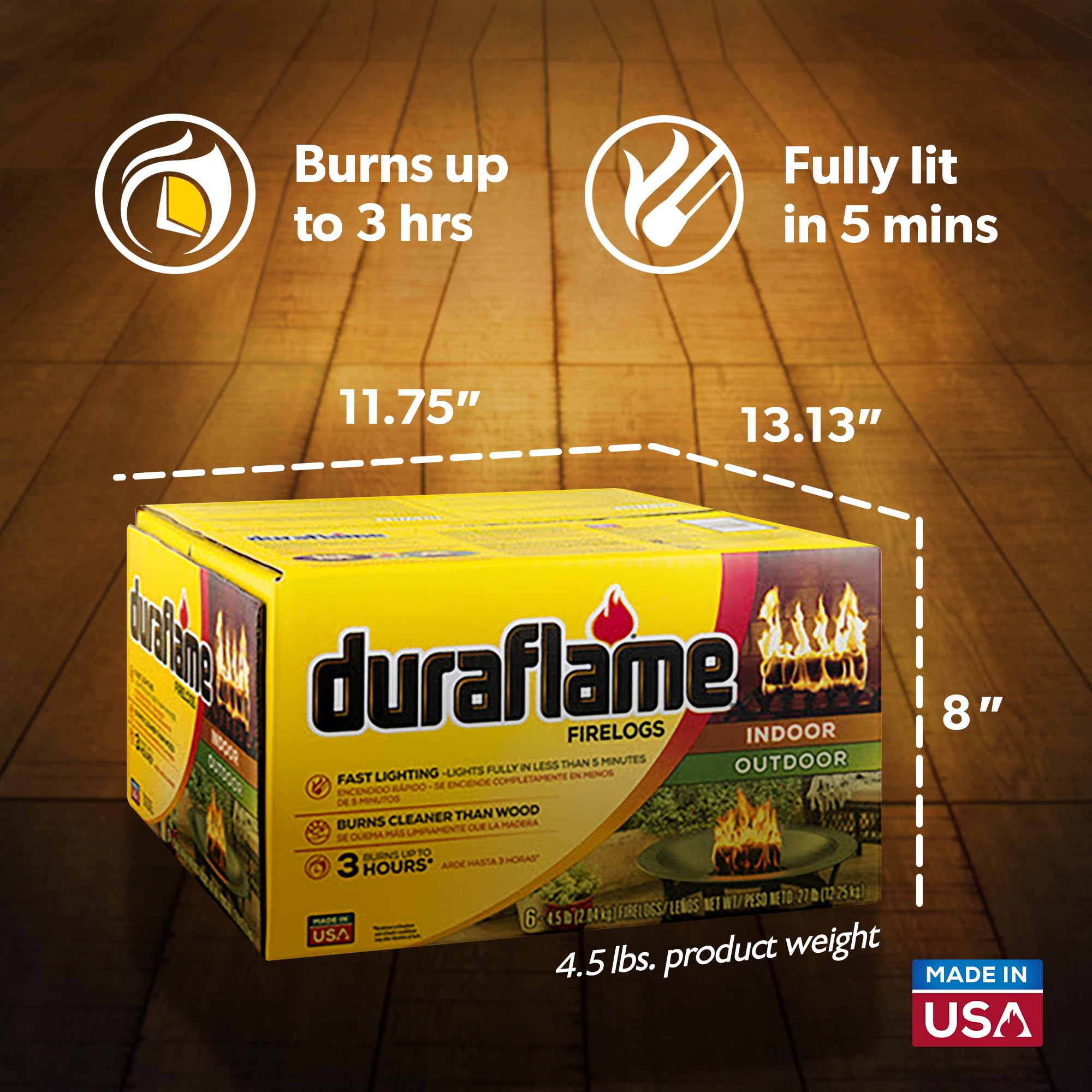 Duraflame 4.5 Pound 3 Hour Long Burn Time Indoor Outdoor Quick Light Fire Log for Camping, Firepits, Bonfires, and Fireplaces (6 Pack)