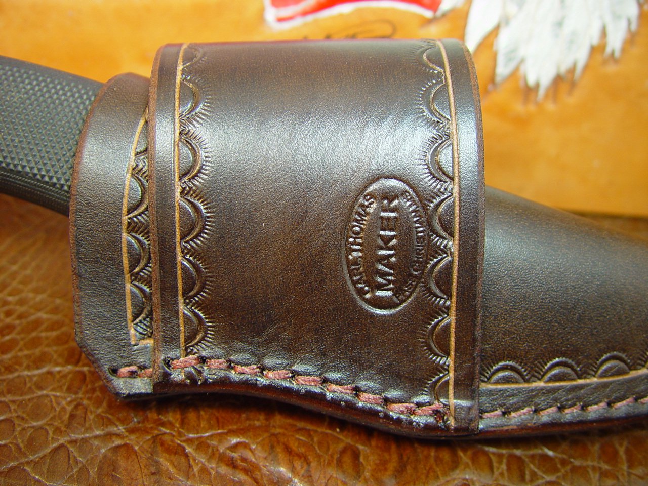 Custom Leather Knife Sheath for a Buck 692 Vanguard or Zipper. Tooled & Dyed Brown_AB