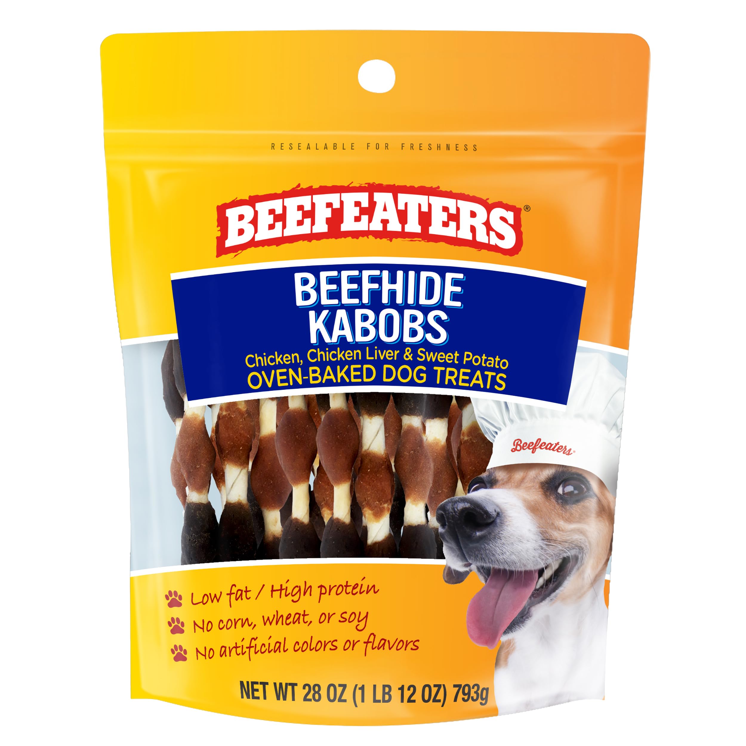 Beefeaters Dog Treats - Beefhide Kabobs 28oz Baked | Dog Food with Real Chicken, Liver & Sweet Potato | Long-Lasting Chew | Promotes Dental Health | Dog Training Treats for All Dog Sizes