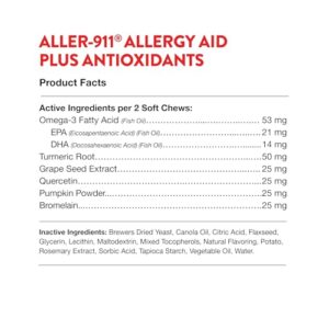 NaturVet Aller-911 Advanced Allergy Aid for Dogs, Cats – Antioxidant-Rich Pet Supplement with Omegas, DHA, EPA – Helps Support Dog Immune System, Cat Respiratory Health, Skin Moisture 70 Soft Chews