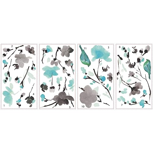 RoomMates RMK2687SCS Blossom Watercolor Bird Branch Peel and Stick Wall Decals, Multi Color