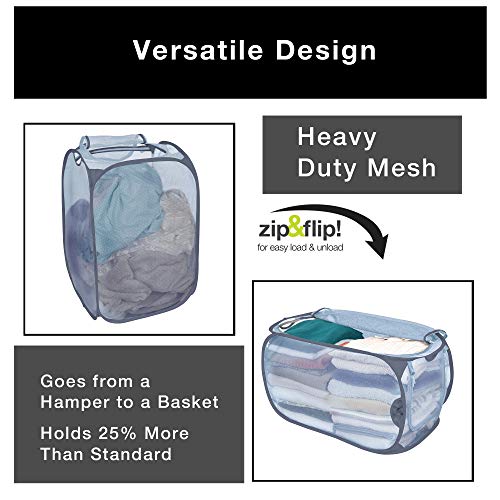 Smart Design Mesh Pop Up Flip Laundry Hamper and Basket - Handles and Side Zipper - Durable Fabric Collapsible Design - Clothes, Toys - Home - Holds 3 Loads - 15 x 25 Inch - Teal