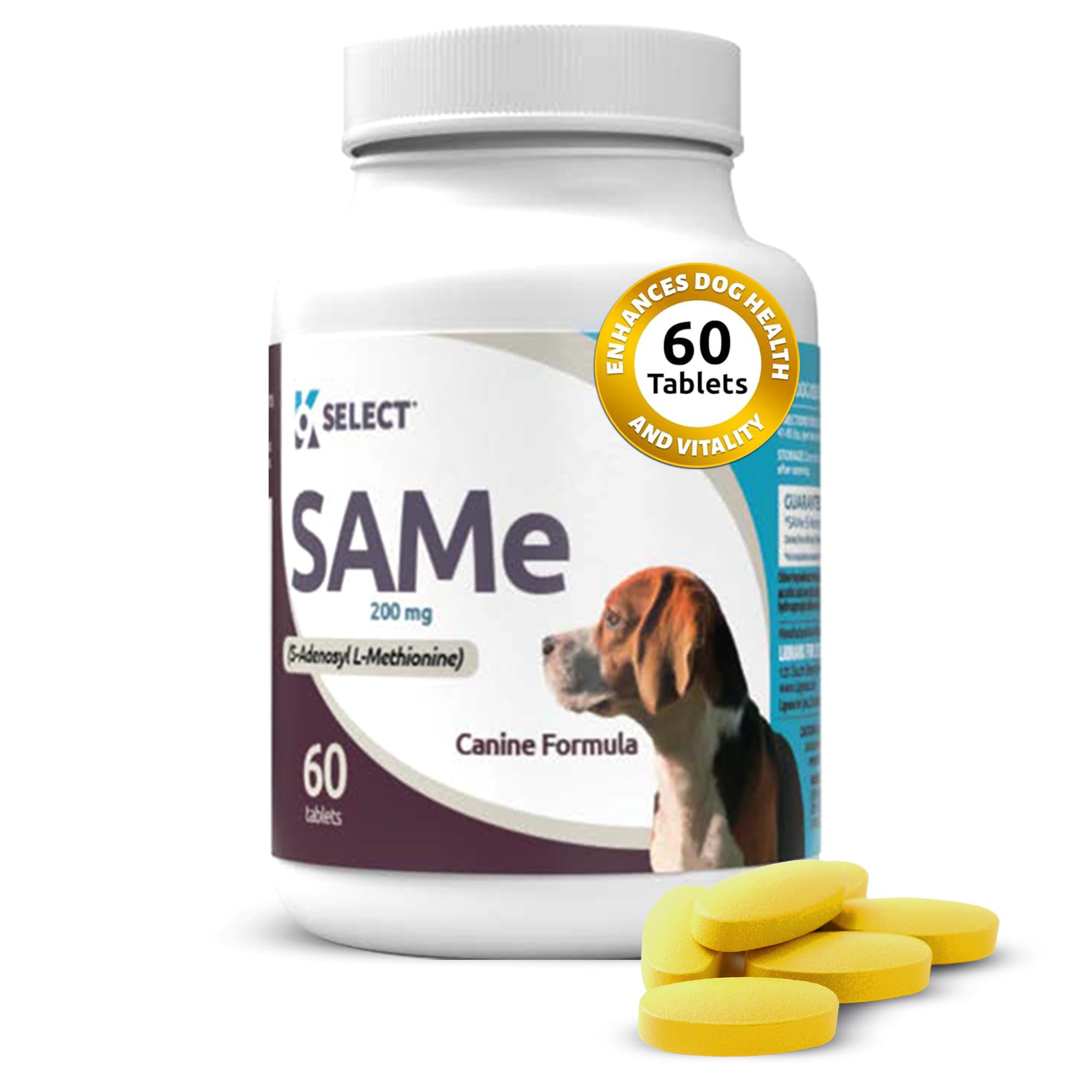 K9 Select SAM-e for Medium and Large Adult Dogs, 60 Tablets, 200mg Active S-Adenosyl L- Methionine, Cognitive and Liver Support Supplement for Dogs, Nutritional Support for Revitalisation