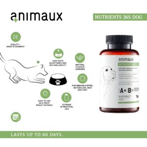 animaux – nutrients 365 for Dogs, All-Natural Vitamins, Healthy Immune System, Vitality, Healthy Skin, Shiny Coat, Raw-Feeding, Puppies, Dogs with Allergies, 60 Chewable Tablets, 60 Days Supply