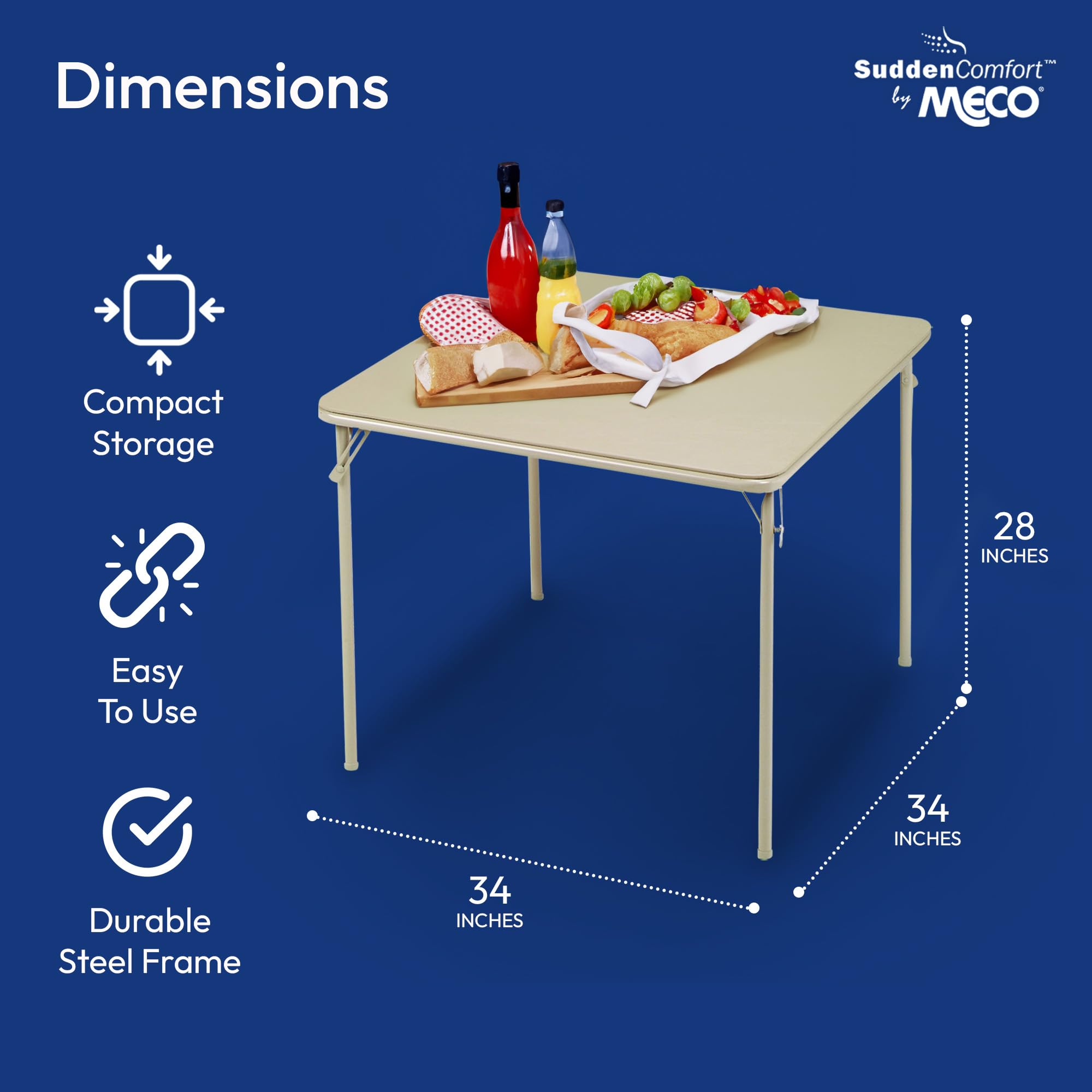 MECO Sudden Comfort 34 by 34 Inch Portable EZ Slide Leg Lock Square Metal Padded Vinyl Top Folding Dining Card Table in Buff Tan