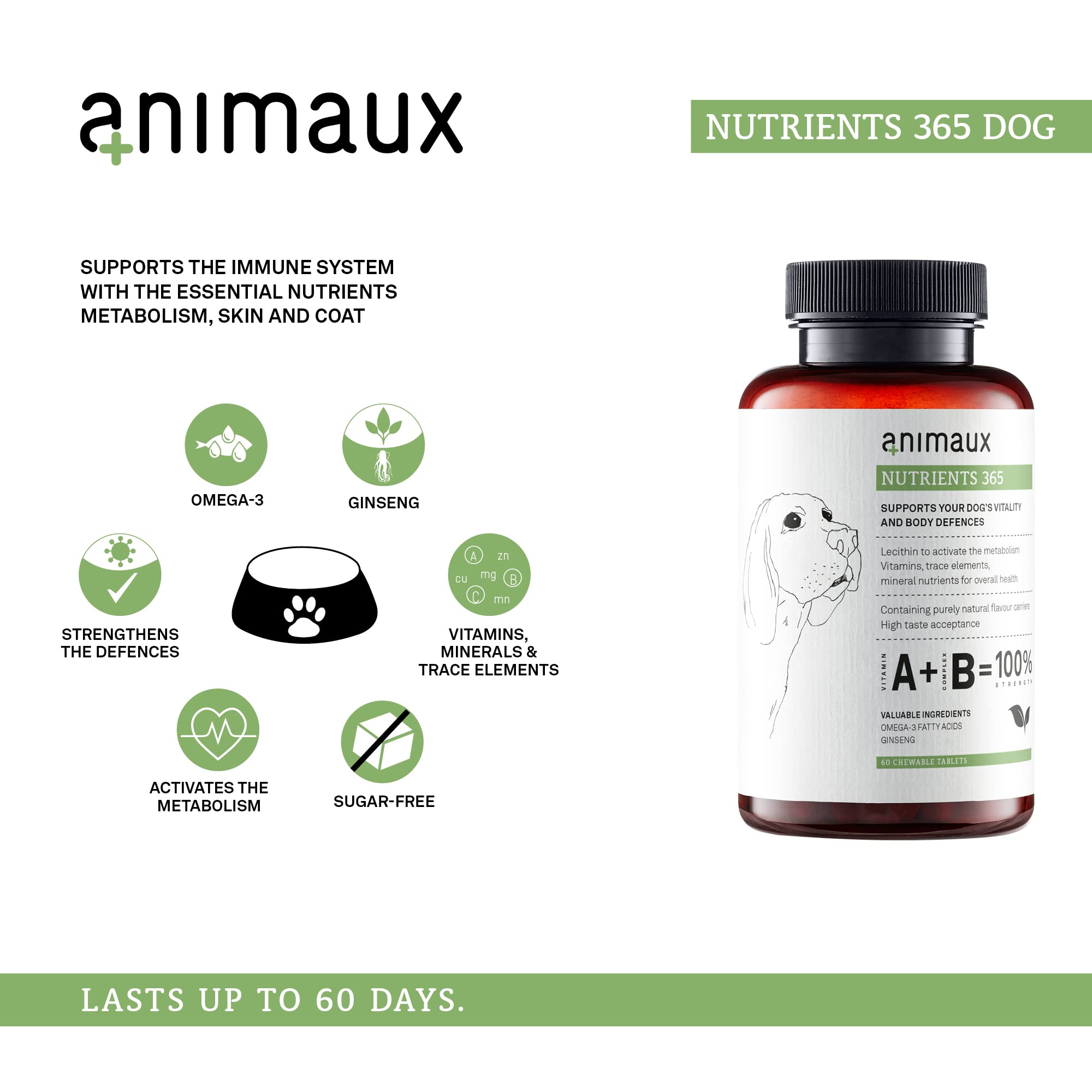 animaux – nutrients 365 for Dogs, All-Natural Vitamins, Healthy Immune System, Vitality, Healthy Skin, Shiny Coat, Raw-Feeding, Puppies, Dogs with Allergies, 60 Chewable Tablets, 60 Days Supply