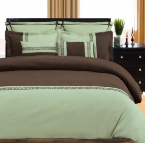 emma 7-piece, wrinkle resistant, king/california king duvet cover set, sage/chocolate