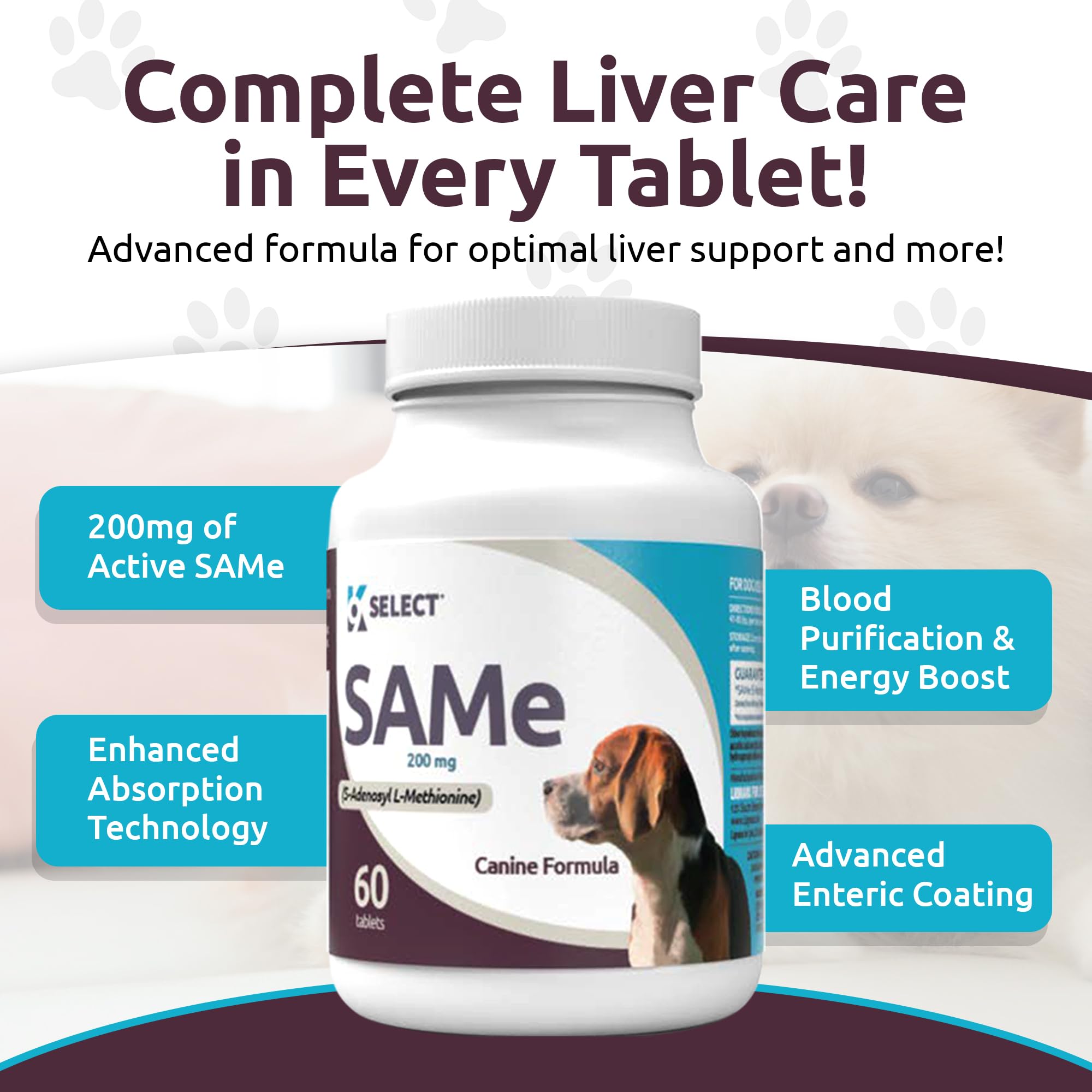 K9 Select SAM-e for Medium and Large Adult Dogs, 60 Tablets, 200mg Active S-Adenosyl L- Methionine, Cognitive and Liver Support Supplement for Dogs, Nutritional Support for Revitalisation