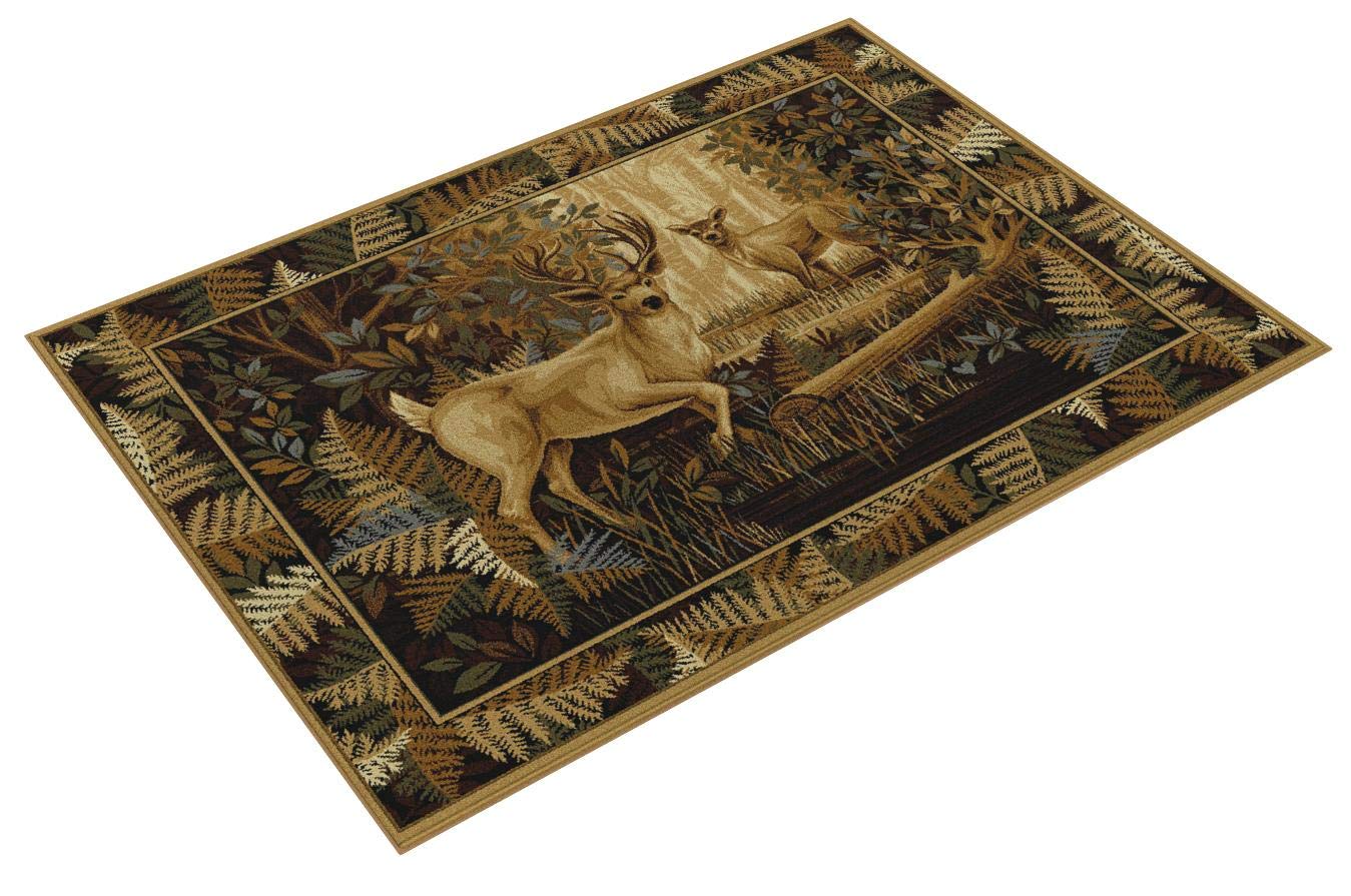 Fern Deer Novelty Lodge Pattern Beige Rectangle Area Rug, 5' x 7'