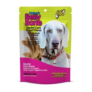 fido belly bones for dogs, 8 yogurt flavor medium dog dental treats (made in usa) - 8 count dog treats for medium dogs - plaque and tartar control for fresh breath, digestive health support