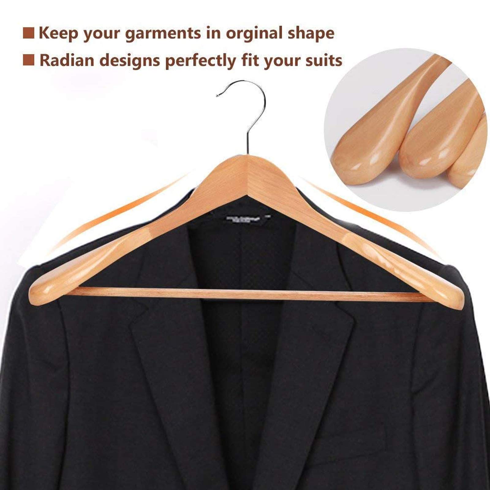 JS HANGER Wooden Suit Hangers, 6 Pack Extra-Wide Shoulder wood Coat Hangers with Non Slip Pant Bar, Extra Smooth and Splinter Free Natural Finish