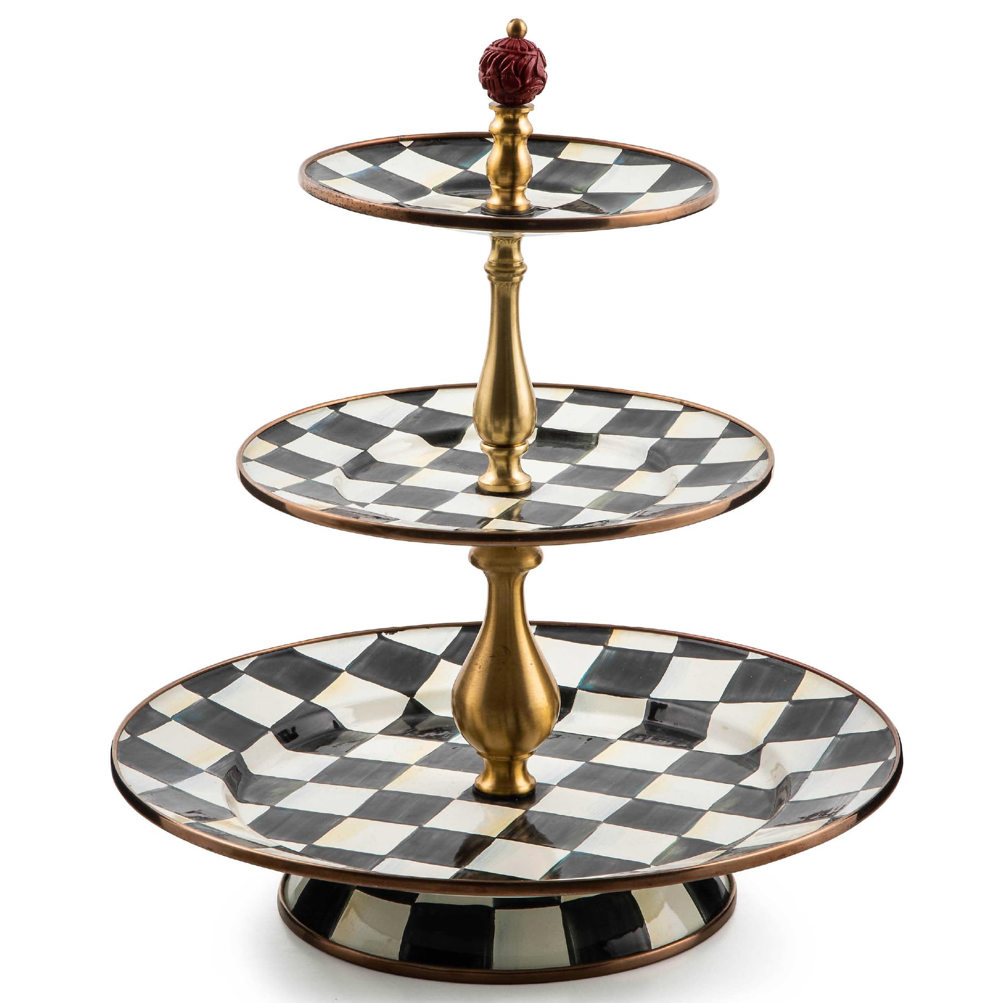 MACKENZIE-CHILDS Enamel Three-Tier Sweet Stand, Three-Tiered Serving-Tray Stand, Party Food Display, Black-and-White Courtly Check