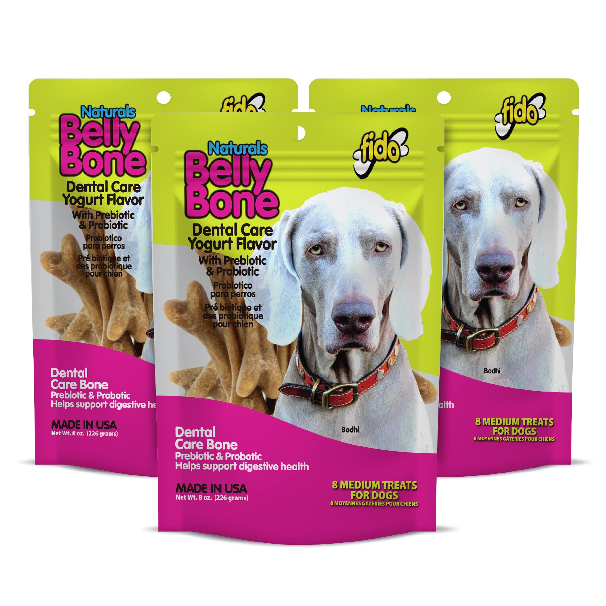 Fido Naturals Belly Bones for Dogs, Yogurt Flavored Medium Dog Dental Treats - 8 Treats Per Pack (3 Pack) - (Made in USA) - Plaque and Tartar Control for Fresh Breath, Digestive Health Support