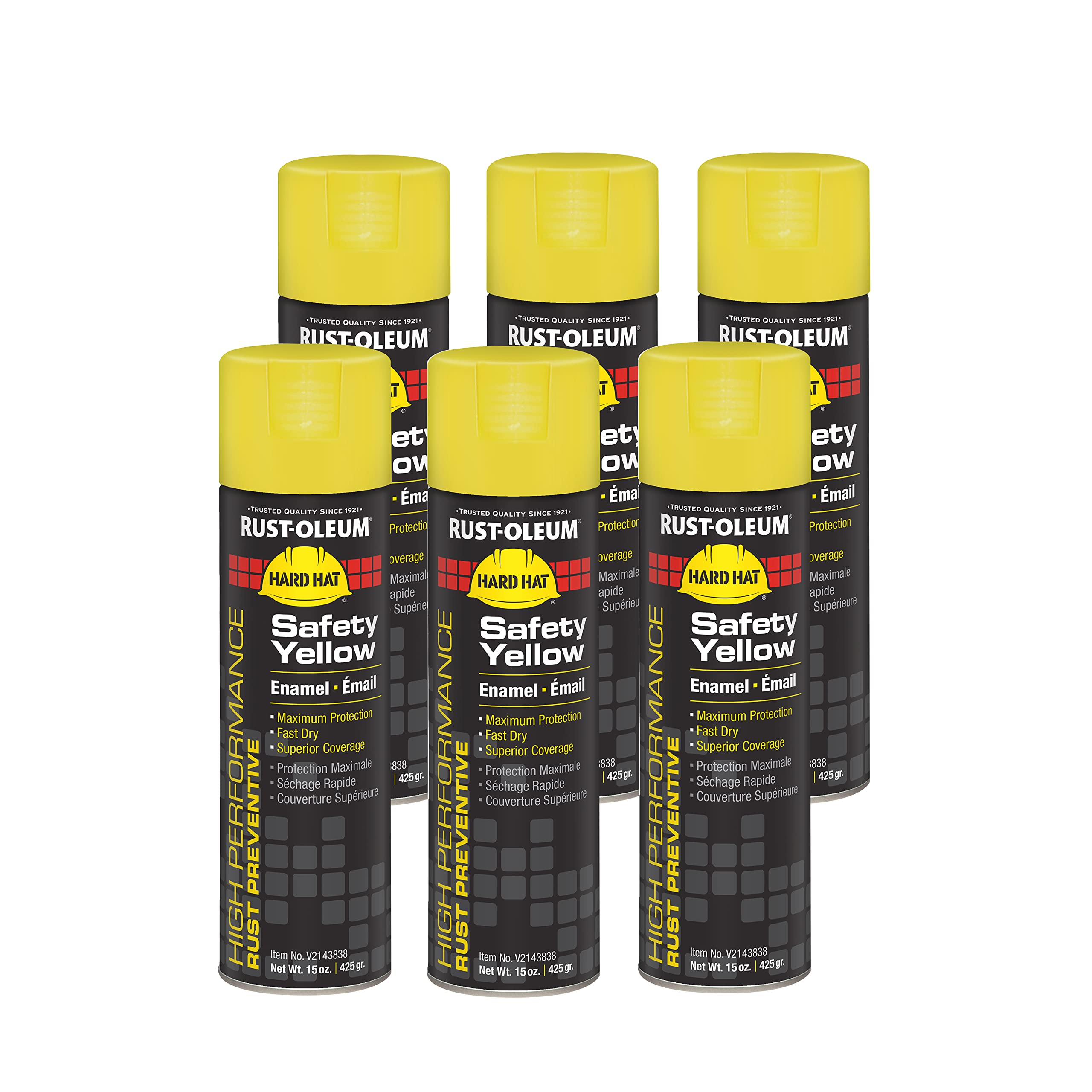 Rust-Oleum V2143838 High Performance V2100 System Rust Preventive Enamel Spray Paint, 20 fl. oz. container, 15 oz. fill,, Safety Yellow, 6-Pack