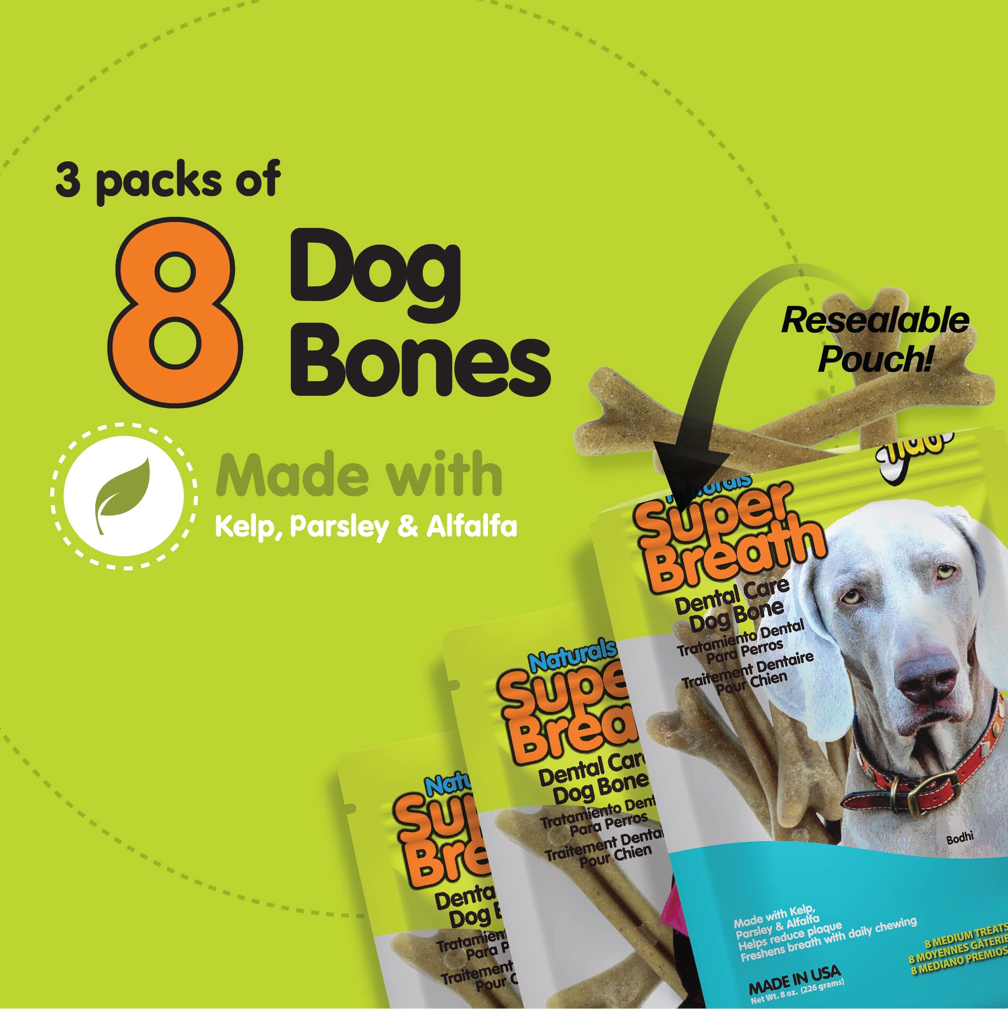 Fido Super Breath Dental Care Bones for Dogs - 8 Treats Per Pack (3 Pack) - Dog Dental Treats for Medium Dogs (Made in USA) - Dog Dental Chews Help Reduce Plaque, Tartar Buildup, and Freshens Breath