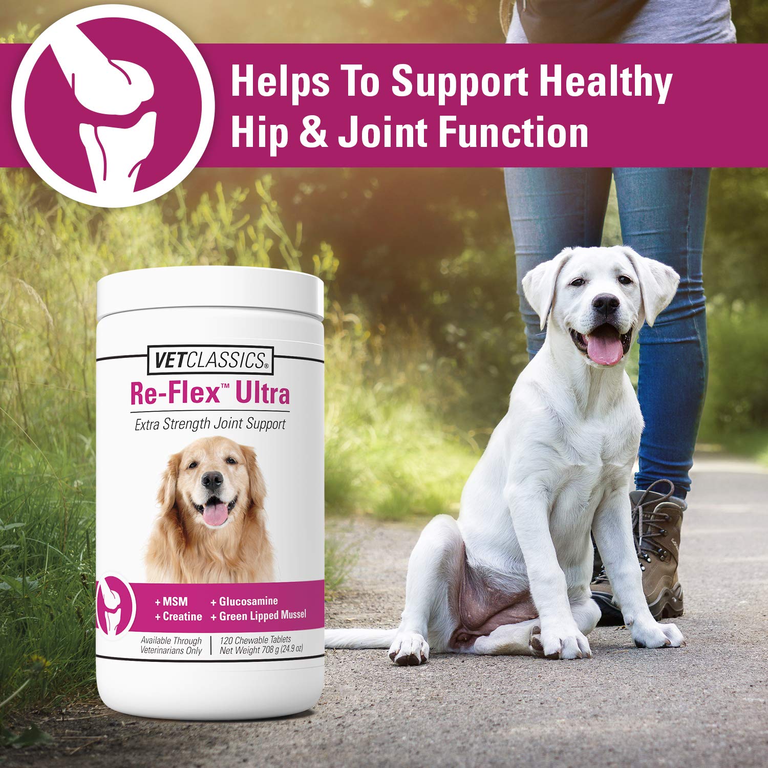 Vet Classics Re-Flex Ultra Extra-Strength Joint Support Dog Supplement – Includes MSM, Creatine, Glucosamine, Green Lipped Mussel – Supports Healthy Dog Joints – Chewable Tablets 120 Ct.