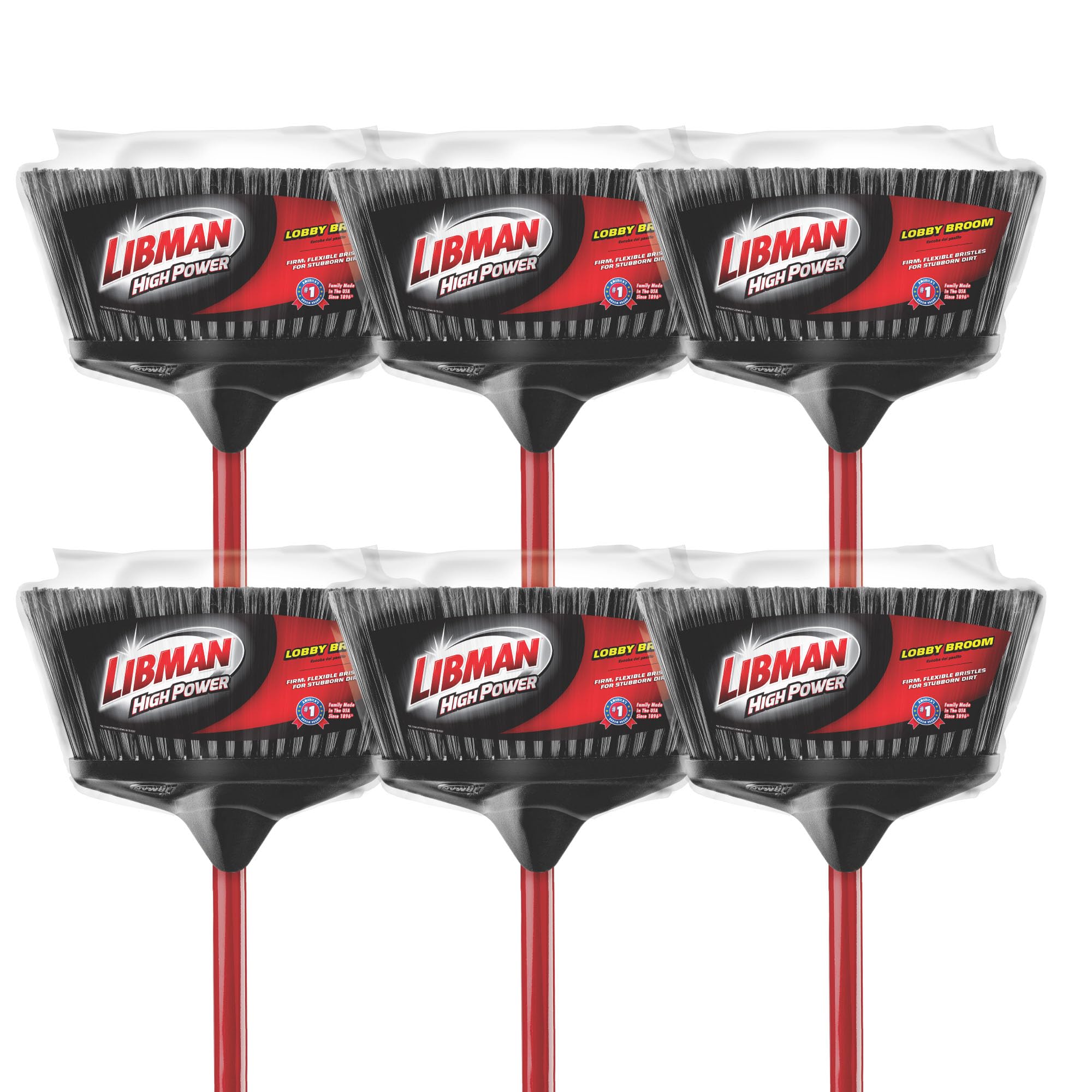 Libman Commercial 915 Lobby Broom, 38" Length, 10" Width, Steel Handle, Black/Red (Pack of 6)