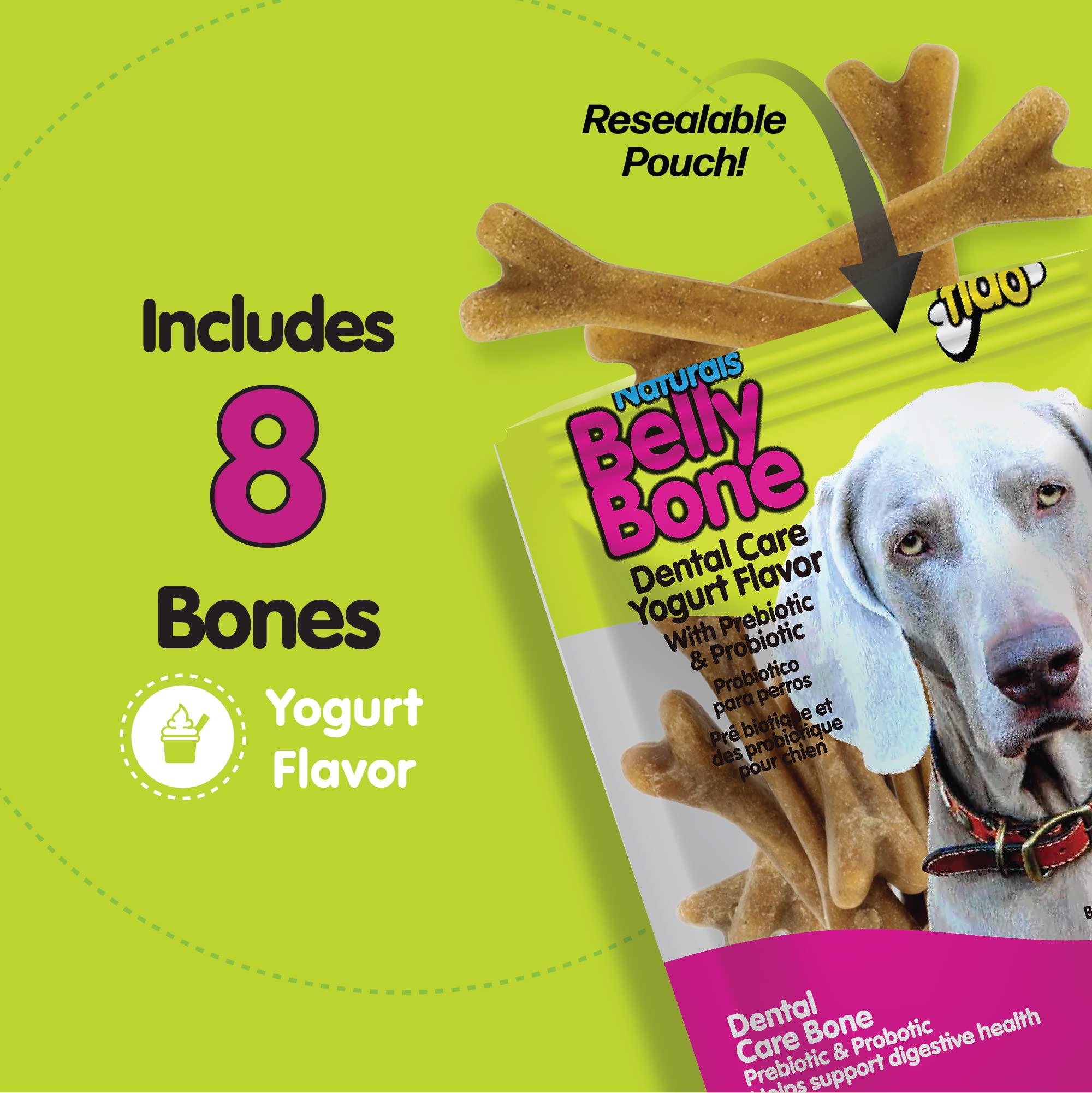 Fido Naturals Belly Bones for Dogs, Yogurt Flavored Medium Dog Dental Treats - 8 Treats Per Pack (3 Pack) - (Made in USA) - Plaque and Tartar Control for Fresh Breath, Digestive Health Support