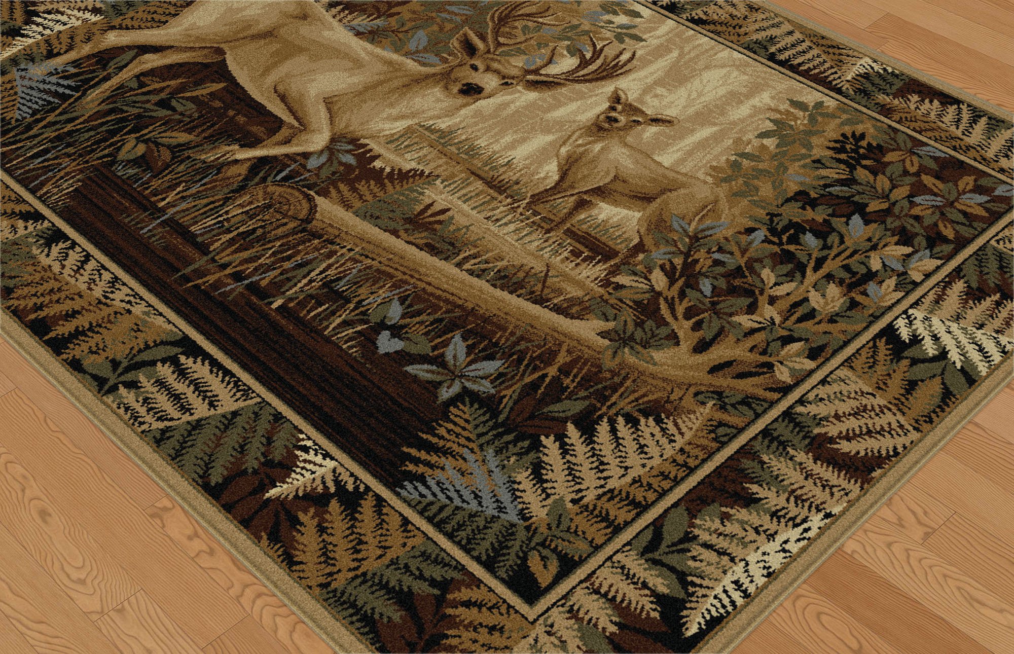 Fern Deer Novelty Lodge Pattern Beige Rectangle Area Rug, 5' x 7'