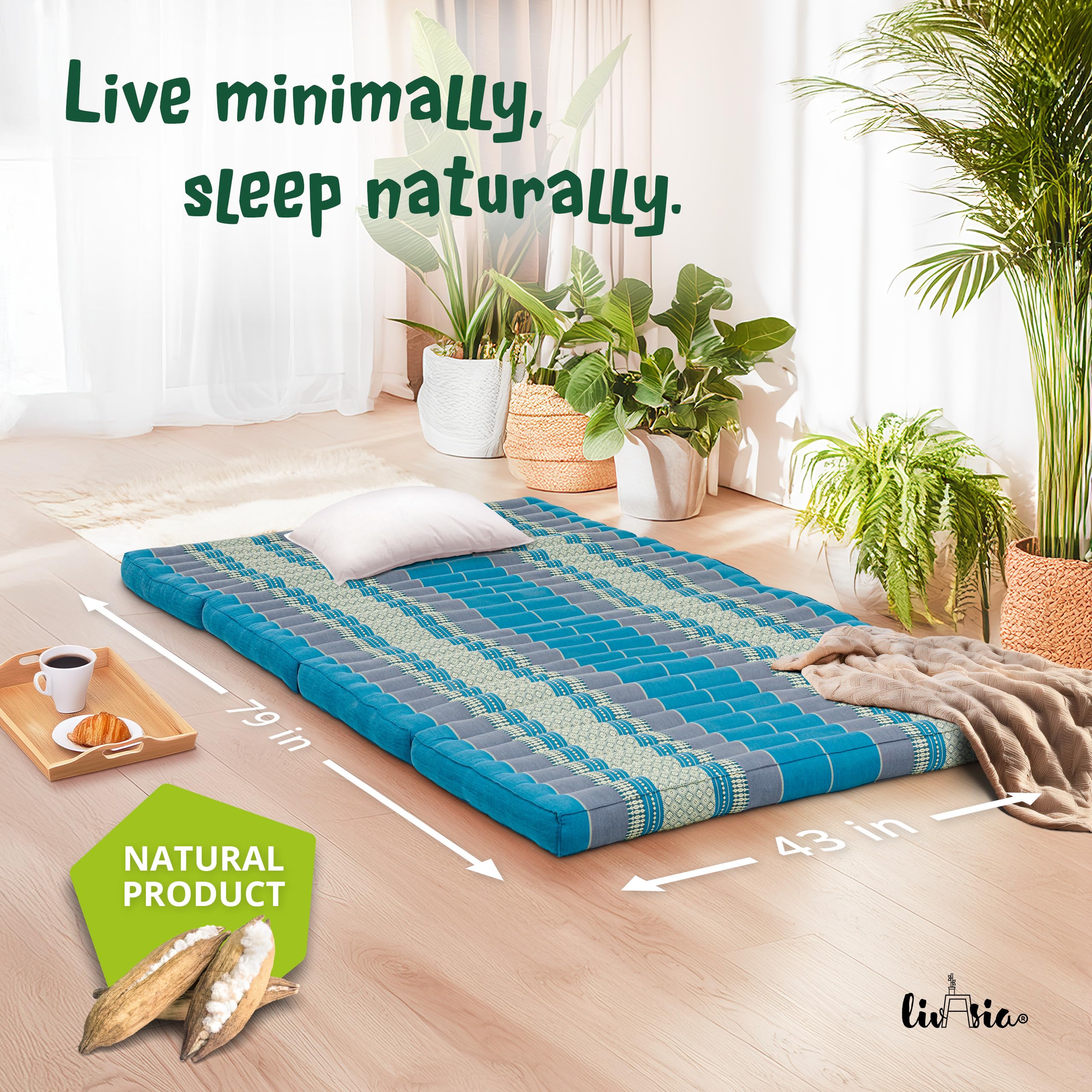 livasia Sustainable kapok Mattress, Guest Mattress, Wide, Folding Mattress, Ecological Yoga mat, Folding Guest Bed, Sun Lounger for Garden & Balcony, 79x43x3.1″ (Light Blue)