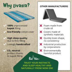 livasia Sustainable kapok Mattress, Guest Mattress, Wide, Folding Mattress, Ecological Yoga mat, Folding Guest Bed, Sun Lounger for Garden & Balcony, 79x43x3.1″ (Light Blue)