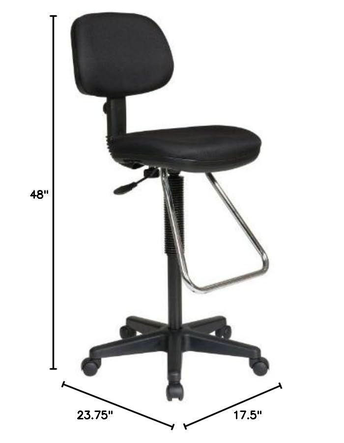 Office Star DC Series Pneumatic Adjustable Drafting Chair with Chrome Teardrop Footrest, Icon Black Fabric