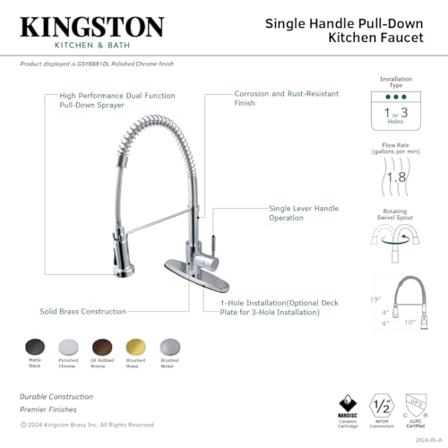 Kingston Brass GSY8888DL Concord Pre-Rinse Kitchen Faucet, 10-1/16 inch in Spout Reach, Brushed Nickel