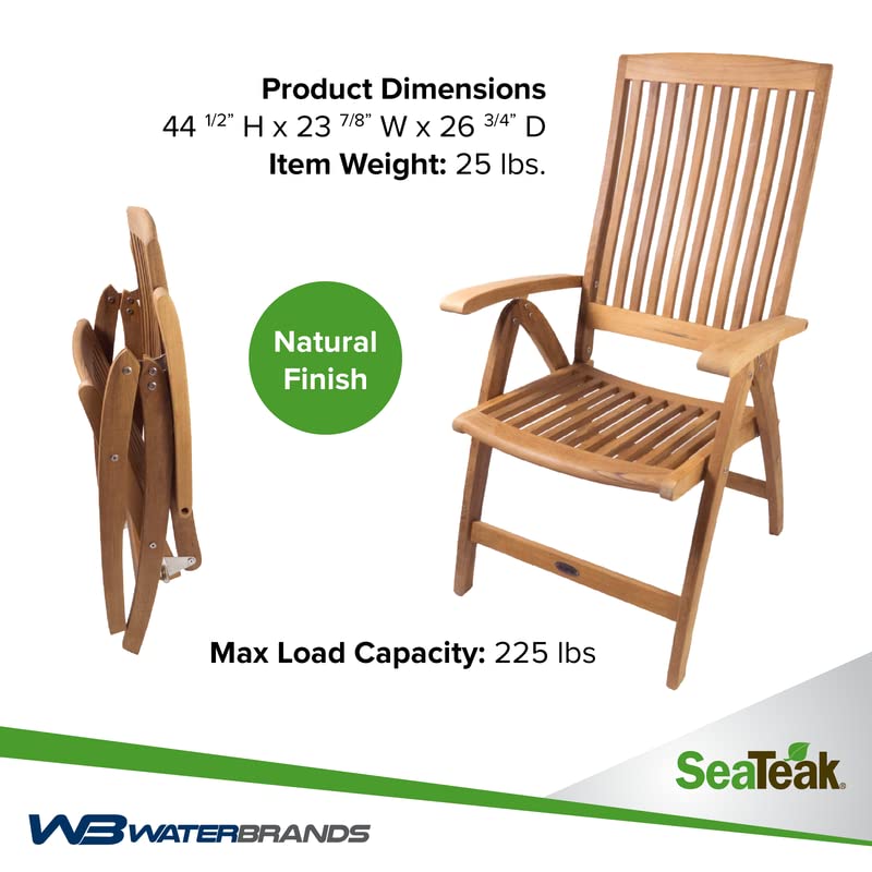 SeaTeak Weatherly Teak Folding Chair - 6-Position Foldable Chair - Weatherproof, Portable Teak Armchair for Boat Deck, Patio, Camping, Outdoors