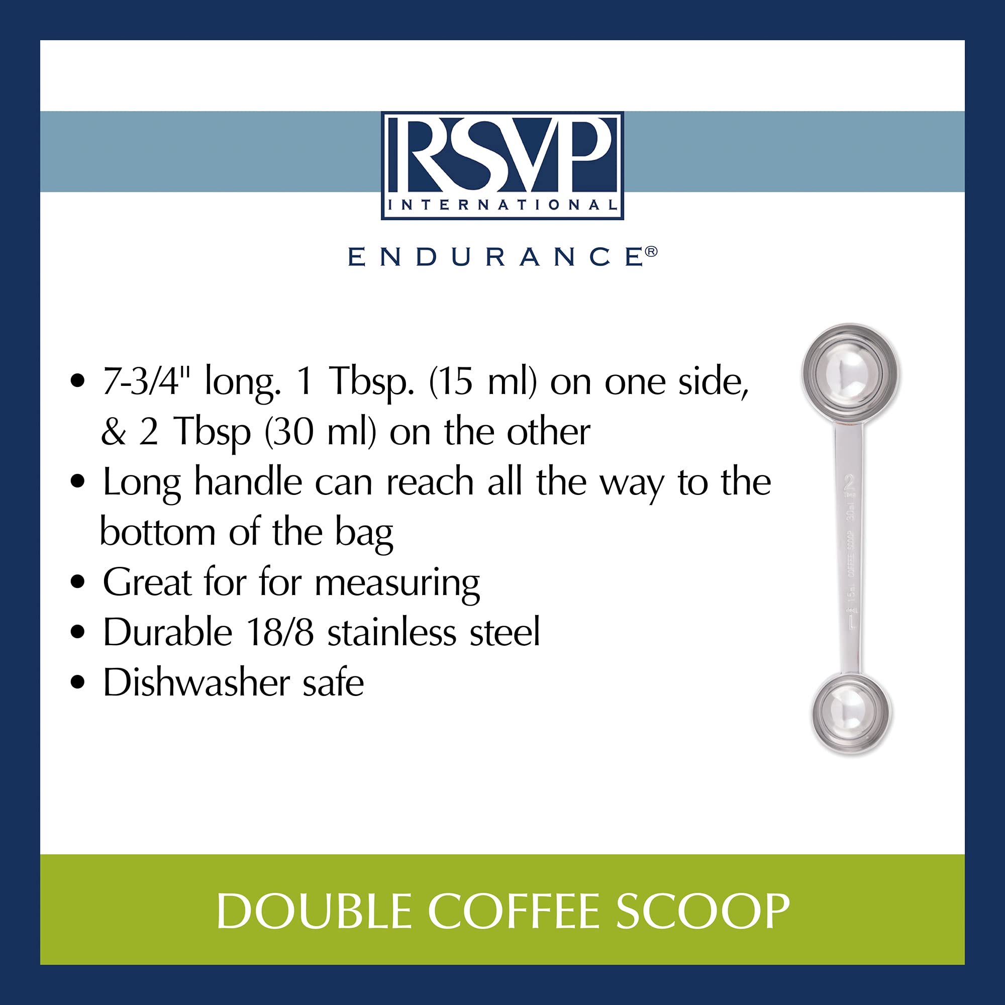 RSVP International Coffee Measuring Spoon, Long Handled Stainless Steel Scoop Multi-purpose for Baking, Ground Coffee, Beans or Loose Leaf Tea, Double, 1-Tbsp/2-Tbsp