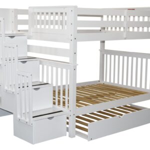 Bedz King Stairway Bunk Beds Full over Full with 4 Drawers in the Steps and a Twin Trundle, White